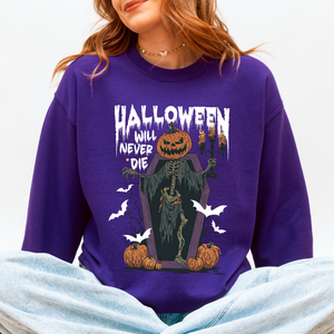 Halloween Will Never Die Spooky Jack O Lantern Pumpkin Haunted Autumn Night Graphic Illustration Collection Sweatshirt — view 10