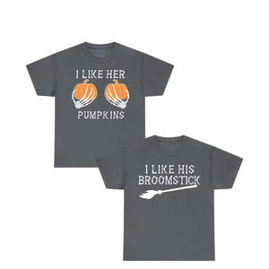Halloween Couple T-Shirts – I Like Her Pumpkins / I Like His Broomstick — view 1