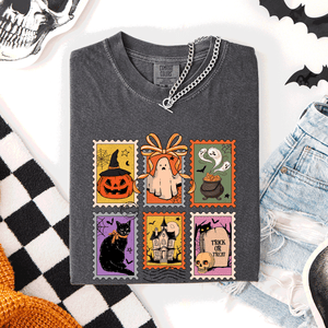 Classic Halloween Ghost Black Cat Pumpkin Witch Spooky Season Comfort Colors Tee — view 1