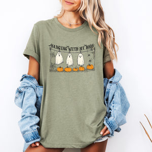 Hanging With My Boos Ghosts Halloween Funny Pumpkins Boo Crew Nightlife Party Graphic Tee — view 2