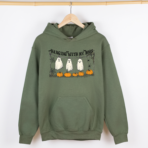 Hanging With My Boos Halloween Ghosts Pumpkins Cozy Night In Vintage Graphic Hoodie — view 4