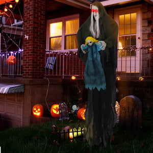 Hanging Halloween Decoration Sound-Activated Witch Holding Ghost Girl with Spooky Sounds — view 1