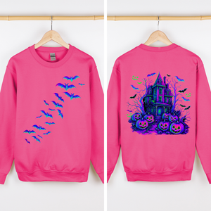 Haunted House Bright Colors Halloween Scene With Bats And Ghosts Spooky Night Parade Sweatshirt — view 3