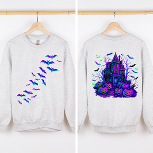 Haunted House Bright Colors Halloween Scene With Bats And Ghosts Spooky Night Parade Sweatshirt — view 4
