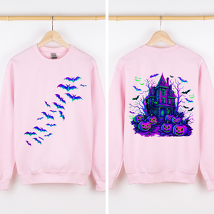 Haunted House Bright Colors Halloween Scene With Bats And Ghosts Spooky Night Parade Sweatshirt — view 5