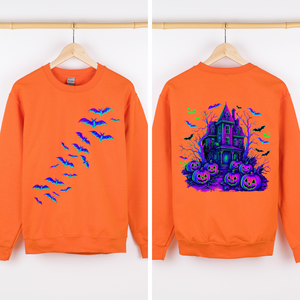 Haunted House Bright Colors Halloween Scene With Bats And Ghosts Spooky Night Parade Sweatshirt — view 6