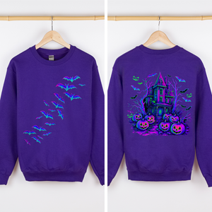 Haunted House Bright Colors Halloween Scene With Bats And Ghosts Spooky Night Parade Sweatshirt — view 7