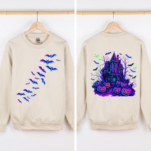 Haunted House Bright Colors Halloween Scene With Bats And Ghosts Spooky Night Parade Sweatshirt — view 2
