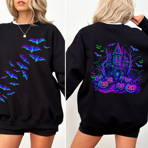 Haunted House Bright Colors Halloween Scene With Bats And Ghosts Spooky Night Parade Sweatshirt — view 1