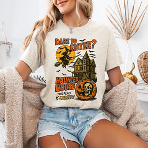 Haunted House Halloween Retro Spooky Witch Illustration Artwork Vintage Vibe Iconic Graphic Tee — view 1