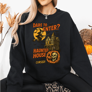Haunted House Halloween Retro Spooky Witch Night Sky Moonlit Pumpkin Tales Vintage Illustration Sweatshirt — view 6
