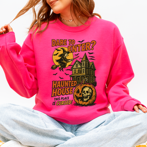 Haunted House Halloween Retro Spooky Witch Night Sky Moonlit Pumpkin Tales Vintage Illustration Sweatshirt — view 7