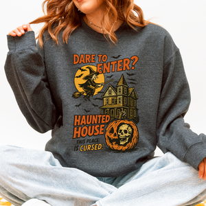 Haunted House Halloween Retro Spooky Witch Night Sky Moonlit Pumpkin Tales Vintage Illustration Sweatshirt — view 3