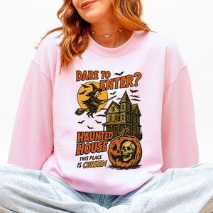 Haunted House Halloween Retro Spooky Witch Night Sky Moonlit Pumpkin Tales Vintage Illustration Sweatshirt — view 5