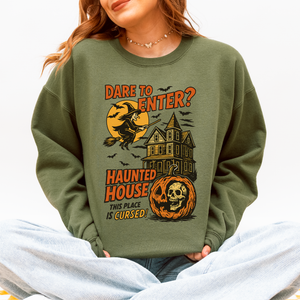 Haunted House Halloween Retro Spooky Witch Night Sky Moonlit Pumpkin Tales Vintage Illustration Sweatshirt — view 1