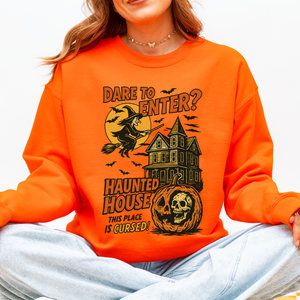Haunted House Halloween Retro Spooky Witch Night Sky Moonlit Pumpkin Tales Vintage Illustration Sweatshirt — view 9
