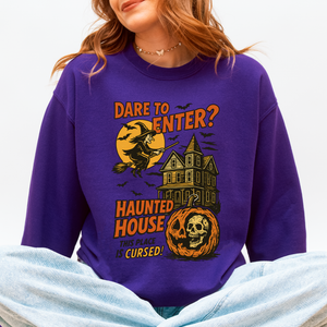 Haunted House Halloween Retro Spooky Witch Night Sky Moonlit Pumpkin Tales Vintage Illustration Sweatshirt — view 10