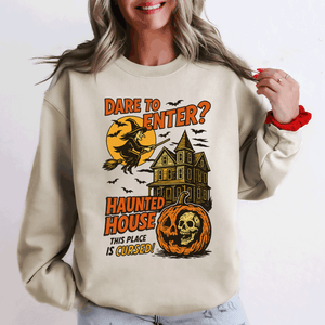 Haunted House Halloween Retro Spooky Witch Night Sky Moonlit Pumpkin Tales Vintage Illustration Sweatshirt — view 2