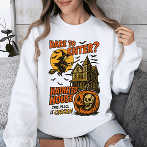 Haunted House Halloween Retro Spooky Witch Night Sky Moonlit Pumpkin Tales Vintage Illustration Sweatshirt — view 8
