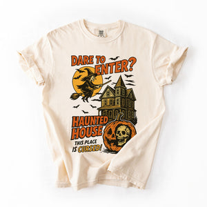 Haunted House Halloween Retro Spooky Witch Nightscape Limited Edition Collection Comfort Colors Tee — view 1