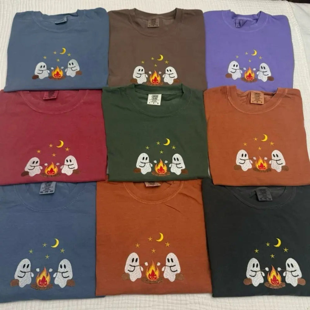 Haunted Campsite Embroidered Comfort Colors T-Shirt – Unique Halloween Ghost Tee