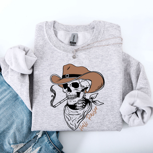 Hell Raiser Skeleton Halloween Western Spooky Cowboy Country Premium Graphic Sweatshirt — view 2