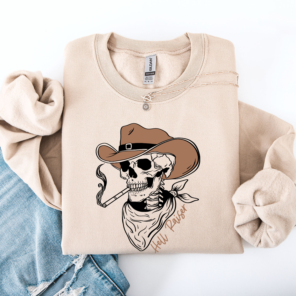 Hell Raiser Skeleton Halloween Western Spooky Cowboy Country Premium Graphic Sweatshirt