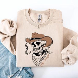 Hell Raiser Skeleton Halloween Western Spooky Cowboy Country Premium Graphic Sweatshirt — view 1