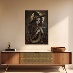 Witch Holding Snake under Full Moon - Dark Forest Sorcery Gothic Art Framed Canvas Print, Halloween Witchy Decor — view 11