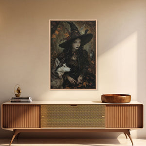 Witch with Wolves in Enchanted Forest - Dark Sorcery Mystical Art Framed Canvas Print, Halloween Gothic Decor — view 11
