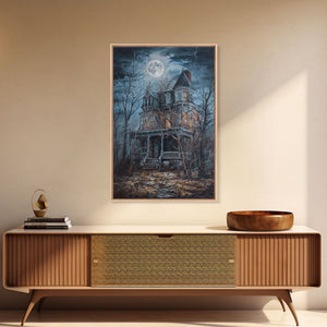 Abandoned House Under Moon Full Halloween Art, Spooky Mansion, Haunted Home, Creepy Decor, Gothic Artwork, Framed Canvas Print — view 11
