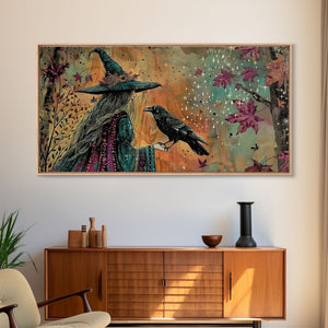 The Witch and The Raven Familiar, Framed Canvas Print, Halloween Gift, Halloween Props, Halloween Wall Art — view 11