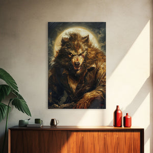 Ferocious Werewolf Under Full Moon Framed Canvas Print | Halloween Monster Art | Spooky Werewolf Decor for Home | Intense Werewolf Artwork — view 12