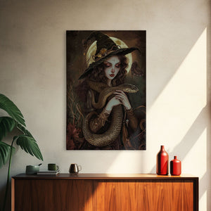 Witch Holding Snake under Full Moon - Dark Forest Sorcery Gothic Art Framed Canvas Print, Halloween Witchy Decor — view 12