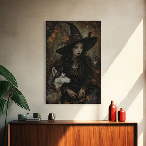 Witch with Wolves in Enchanted Forest - Dark Sorcery Mystical Art Framed Canvas Print, Halloween Gothic Decor — view 12