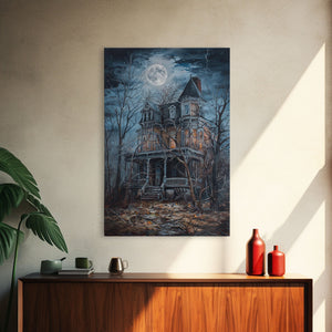 Abandoned House Under Moon Full Halloween Art, Spooky Mansion, Haunted Home, Creepy Decor, Gothic Artwork, Framed Canvas Print — view 12
