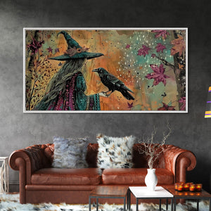The Witch and The Raven Familiar, Framed Canvas Print, Halloween Gift, Halloween Props, Halloween Wall Art — view 12