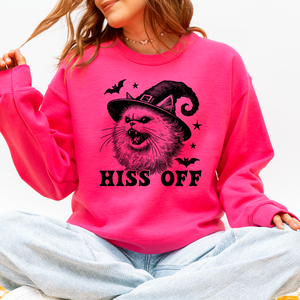 Hiss Off Cat Halloween Witch Cozy Feline Graphic Illustration For Cozy Fall Fashion Sweatshirt — view 6