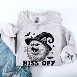 Hiss Off Cat Halloween Witch Cozy Feline Graphic Illustration For Cozy Fall Fashion Sweatshirt — view 1