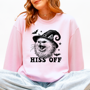 Hiss Off Cat Halloween Witch Cozy Feline Graphic Illustration For Cozy Fall Fashion Sweatshirt — view 3