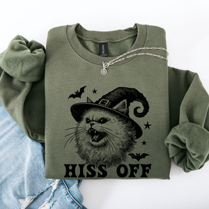 Hiss Off Cat Halloween Witch Cozy Feline Graphic Illustration For Cozy Fall Fashion Sweatshirt — view 4