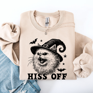 Hiss Off Cat Halloween Witch Cozy Feline Graphic Illustration For Cozy Fall Fashion Sweatshirt — view 2