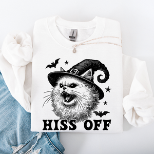Hiss Off Cat Halloween Witch Cozy Feline Graphic Illustration For Cozy Fall Fashion Sweatshirt — view 7