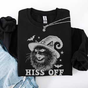 Hiss Off Cat Halloween Witch Cozy Feline Graphic Illustration For Cozy Fall Fashion Sweatshirt — view 8