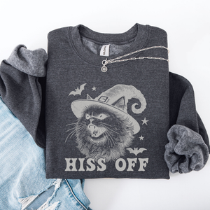 Hiss Off Cat Halloween Witch Cozy Feline Graphic Illustration For Cozy Fall Fashion Sweatshirt — view 9