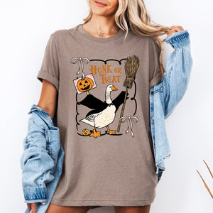 Honk or Treat Cute Goose Halloween Witch Cozy Spooky Season Mascot Illustration For Halloween Party Wear Graphic Tee — view 2