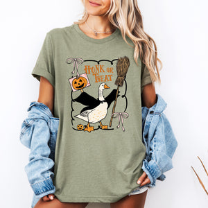 Honk or Treat Cute Goose Halloween Witch Cozy Spooky Season Mascot Illustration For Halloween Party Wear Graphic Tee — view 3