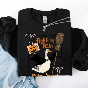 Honk Or Treat Cute Goose Halloween Witch Cozy Graphic Vintage Print Deluxe Sweatshirt — view 6
