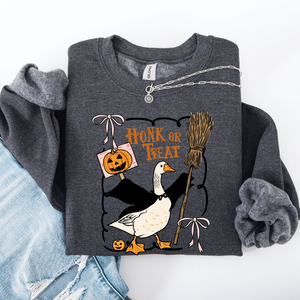 Honk Or Treat Cute Goose Halloween Witch Cozy Graphic Vintage Print Deluxe Sweatshirt — view 4