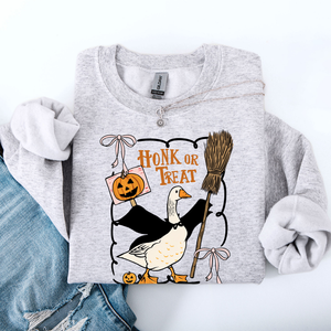 Honk Or Treat Cute Goose Halloween Witch Cozy Graphic Vintage Print Deluxe Sweatshirt — view 2